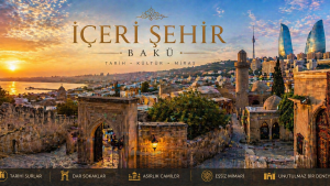     azerbaycan baku turu . baku sehir manzarasi . flame towers baku gece . iceri sehir tarihi yapilar . hazar denizi baku sahil